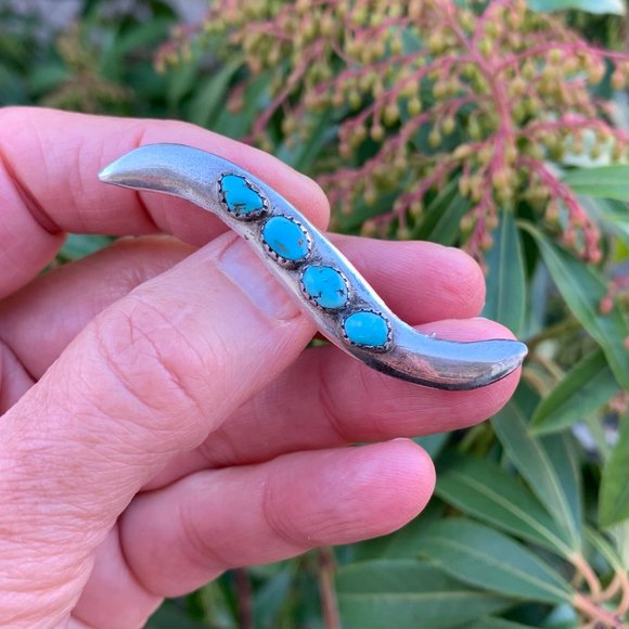 Vintage 1950s Zuni .925 Sterling & Turquoise Boomerang Pin/Brooch - Picture 3 of 6